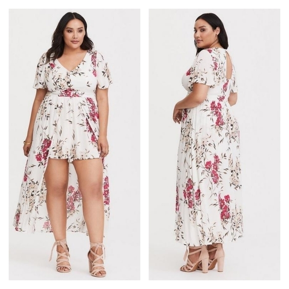 torrid Pants - Torrid White Floral Challis Overskirt Romper